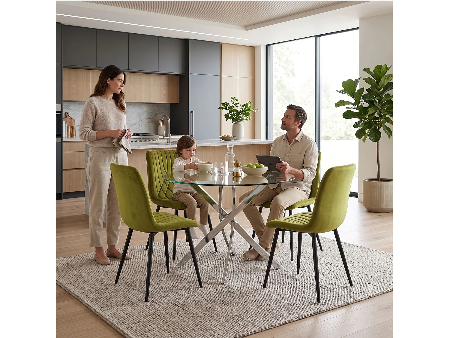 Round Glass Dining Table Set with 4 Olive Green Velvet Diamond Chairs 4 Seater Dining Room Set