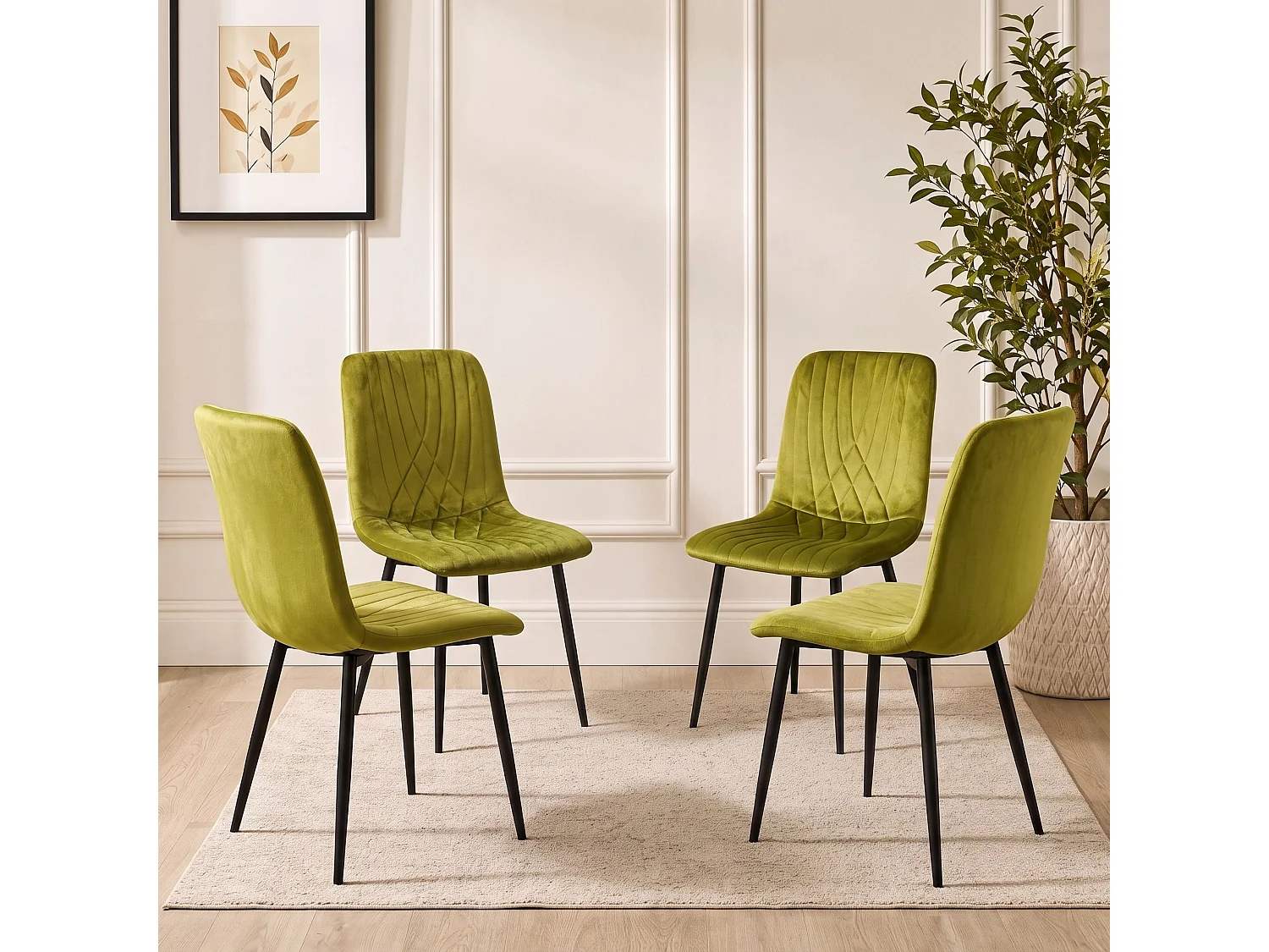 Round Glass Dining Table Set with 4 Olive Green Velvet Diamond Chairs 4 Seater Dining Room Set