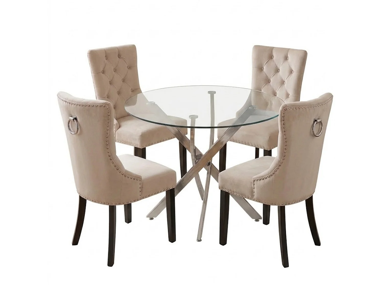 Modern Round Glass Dining Table Set With 4 Cream Velvet Chairs 4 Seater Dining Table Set