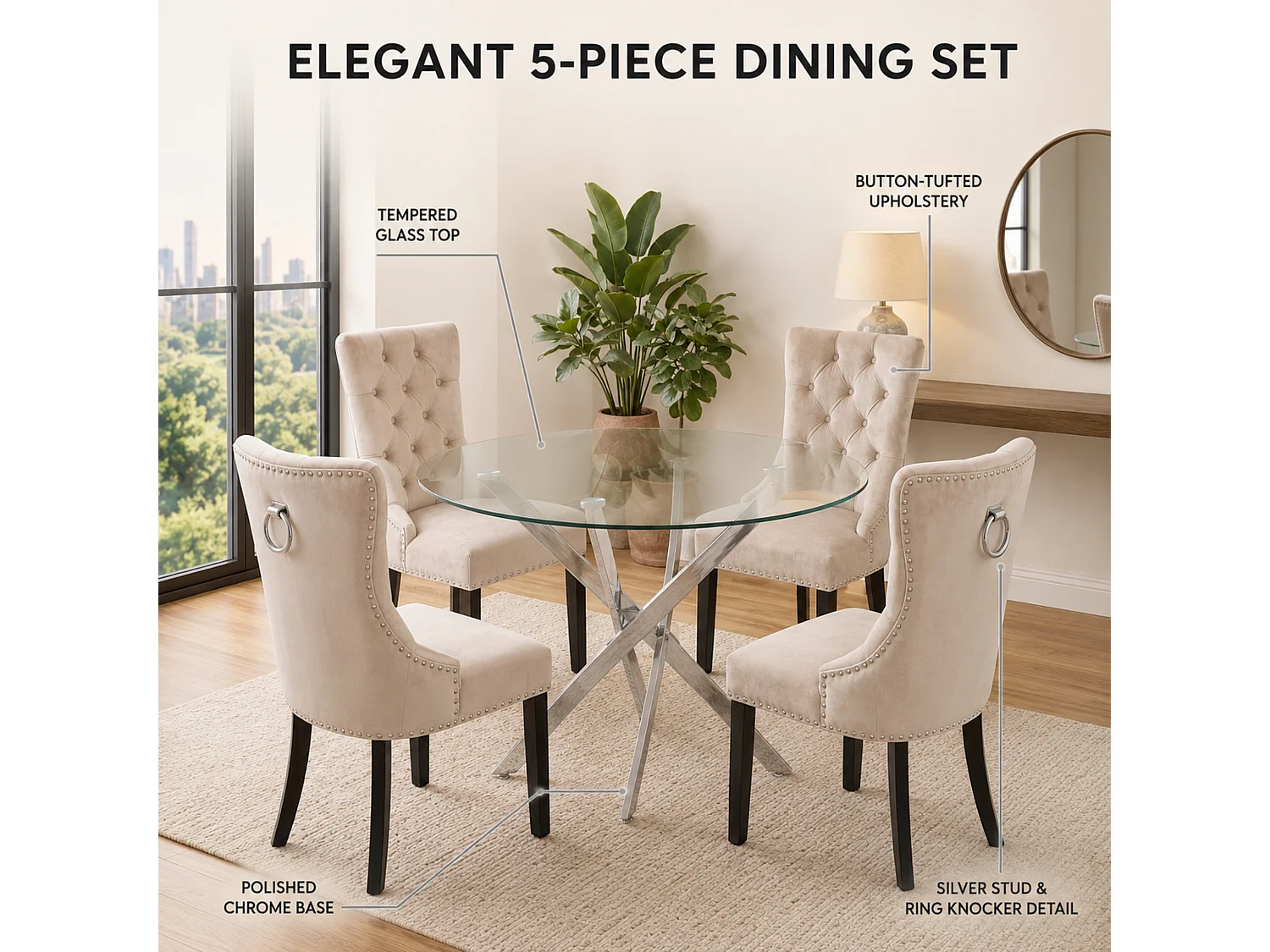 Modern Round Glass Dining Table Set With 4 Cream Velvet Chairs 4 Seater Dining Table Set