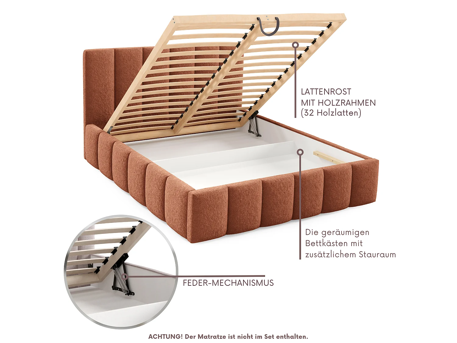 FURNISTAR Gestoffeerd bed LINO met opbergruimte 180x200|Tweepersoonsbed|Lattenbodem|Boxspring-look|zonder matras|Slaapkamer-Vosrood