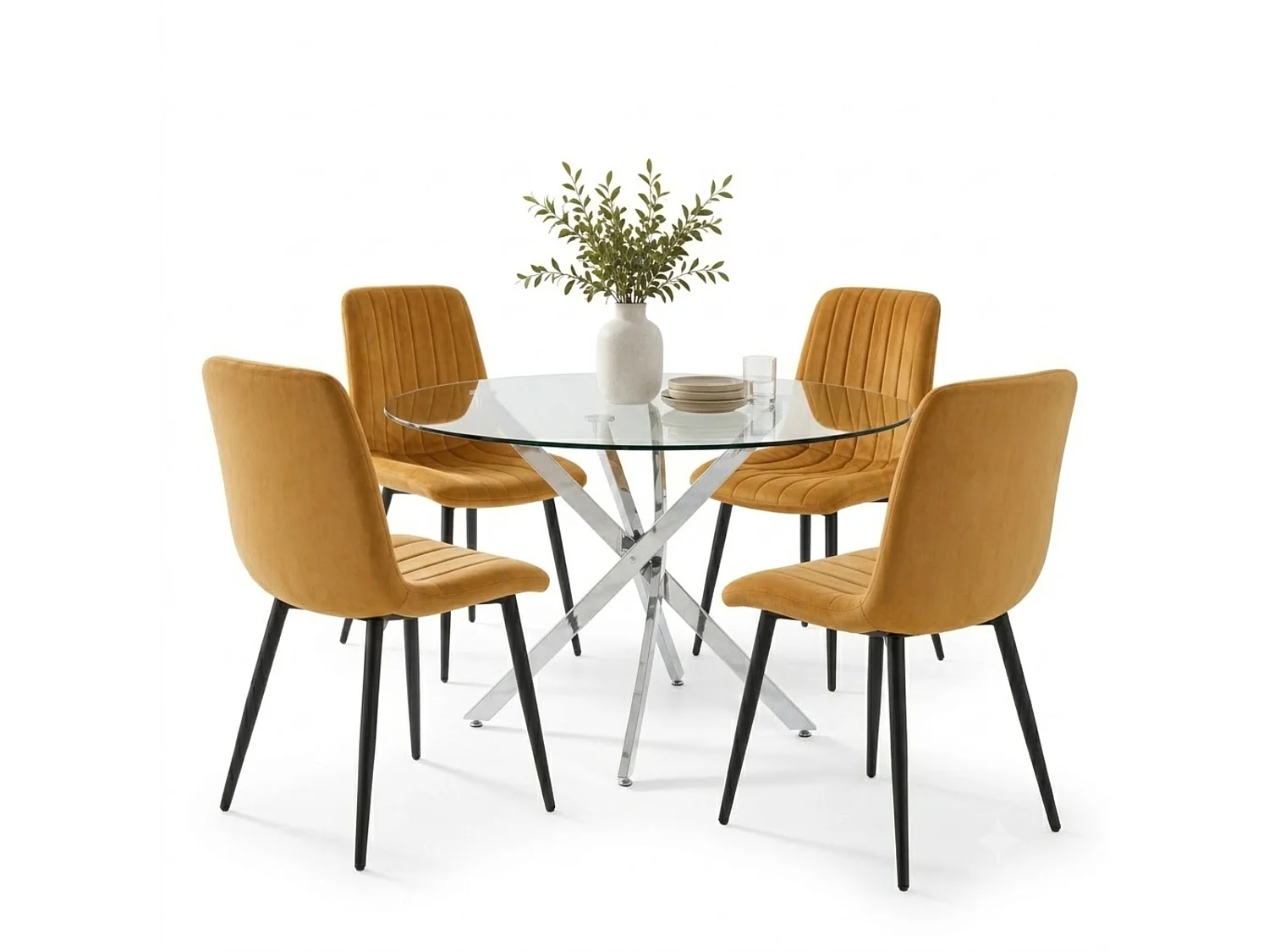 Round Glass Dining Table Set with 4 Brown Velvet Chairs 4 Seater Kitchen and Dining Room Set