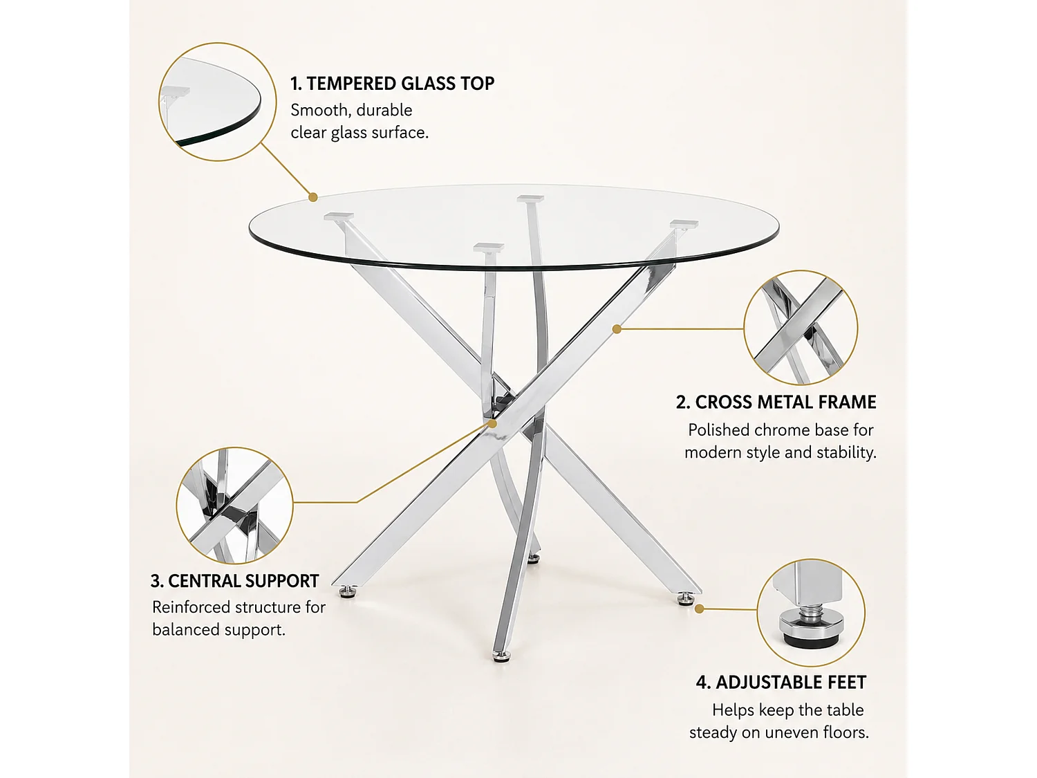 Round Glass Dining Table Set with 4 Brown Velvet Chairs 4 Seater Kitchen and Dining Room Set