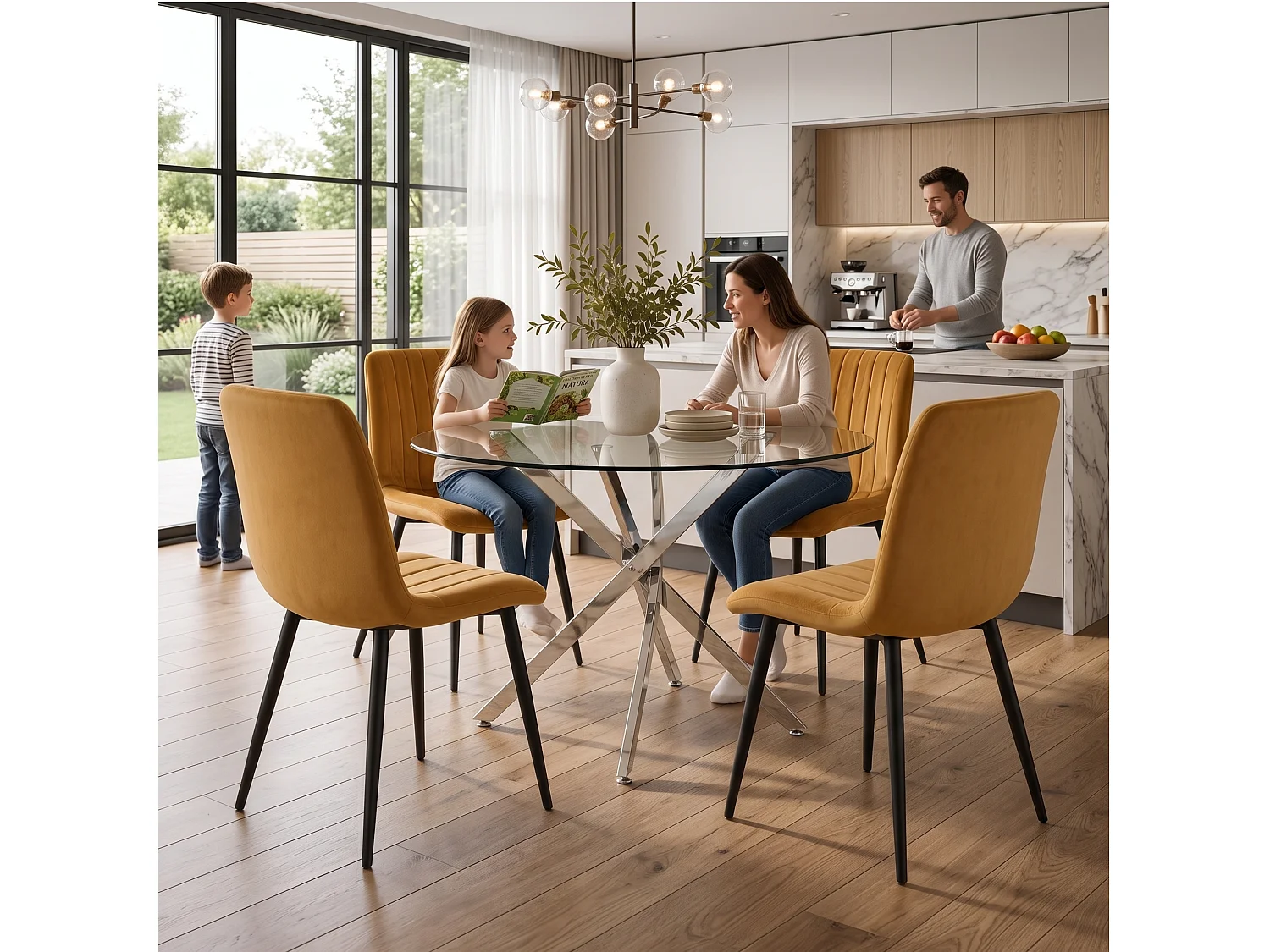 Round Glass Dining Table Set with 4 Brown Velvet Chairs 4 Seater Kitchen and Dining Room Set