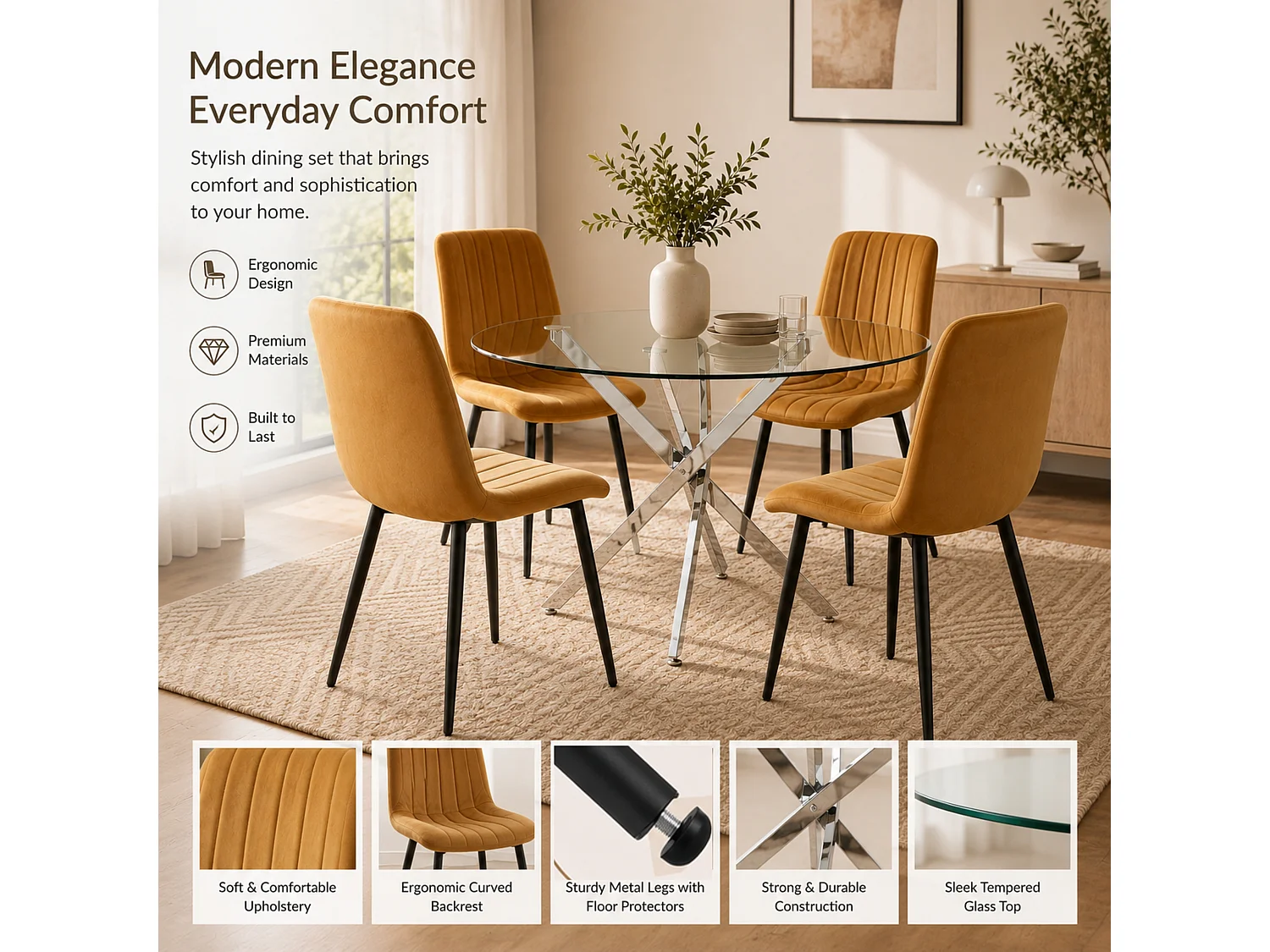 Round Glass Dining Table Set with 4 Brown Velvet Chairs 4 Seater Kitchen and Dining Room Set
