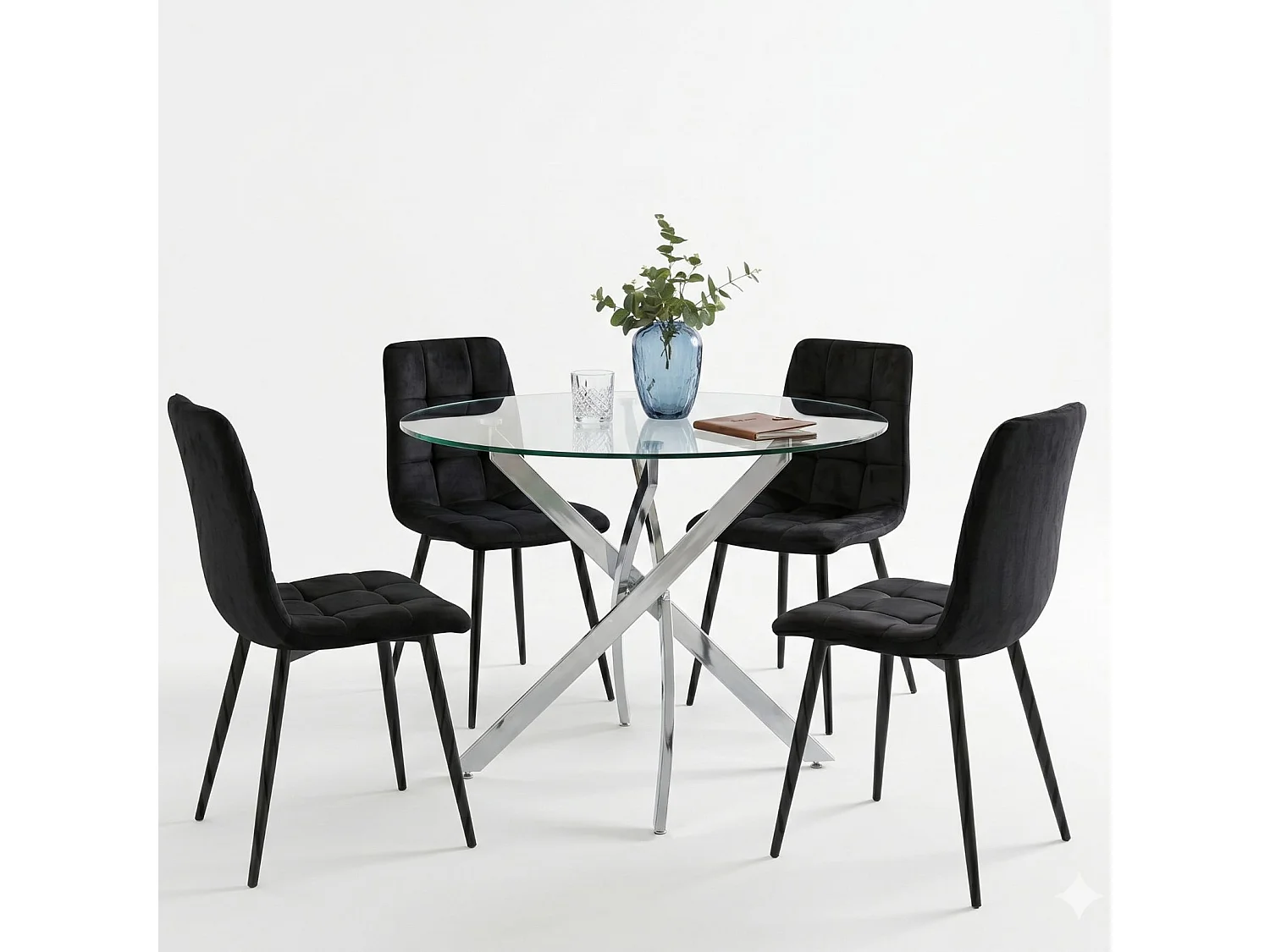 Round Glass Dining Table Set with 4 Black Nova Velvet Chairs 4 Seater Kitchen and Dining Room Set
