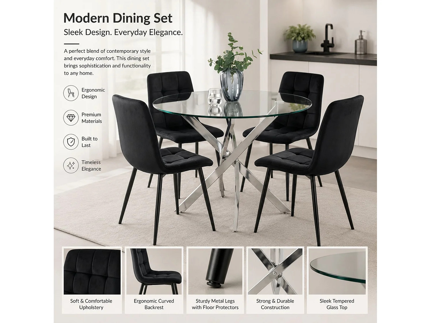 Round Glass Dining Table Set with 4 Black Nova Velvet Chairs 4 Seater Kitchen and Dining Room Set