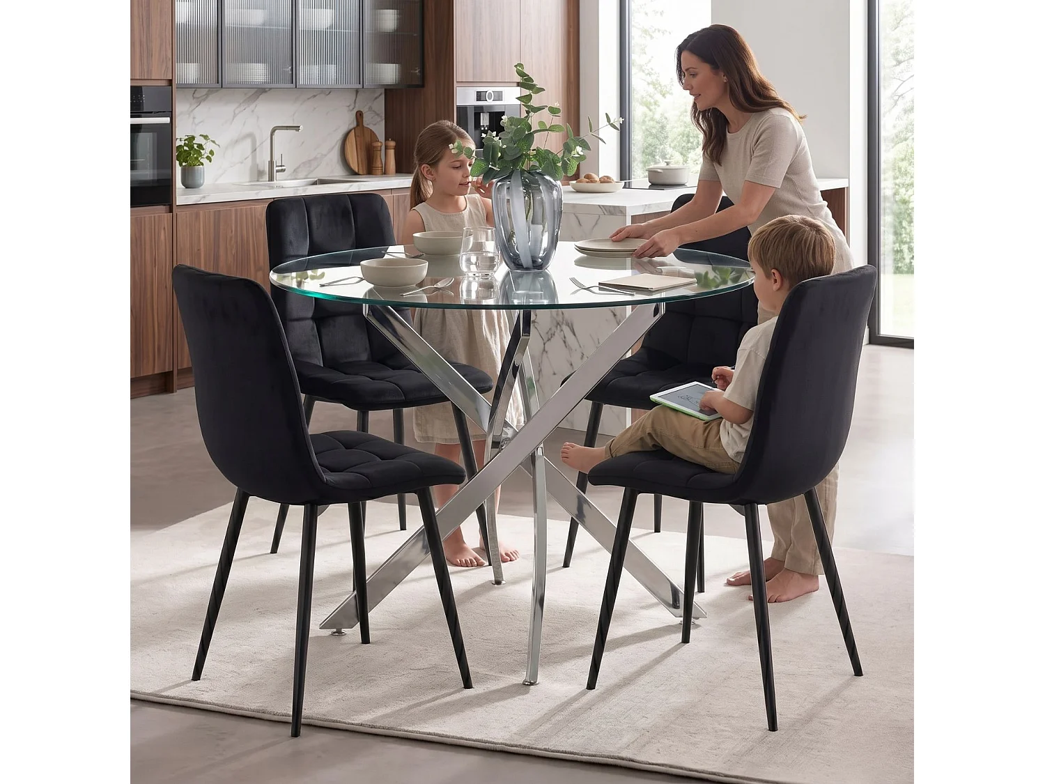Round Glass Dining Table Set with 4 Black Nova Velvet Chairs 4 Seater Kitchen and Dining Room Set