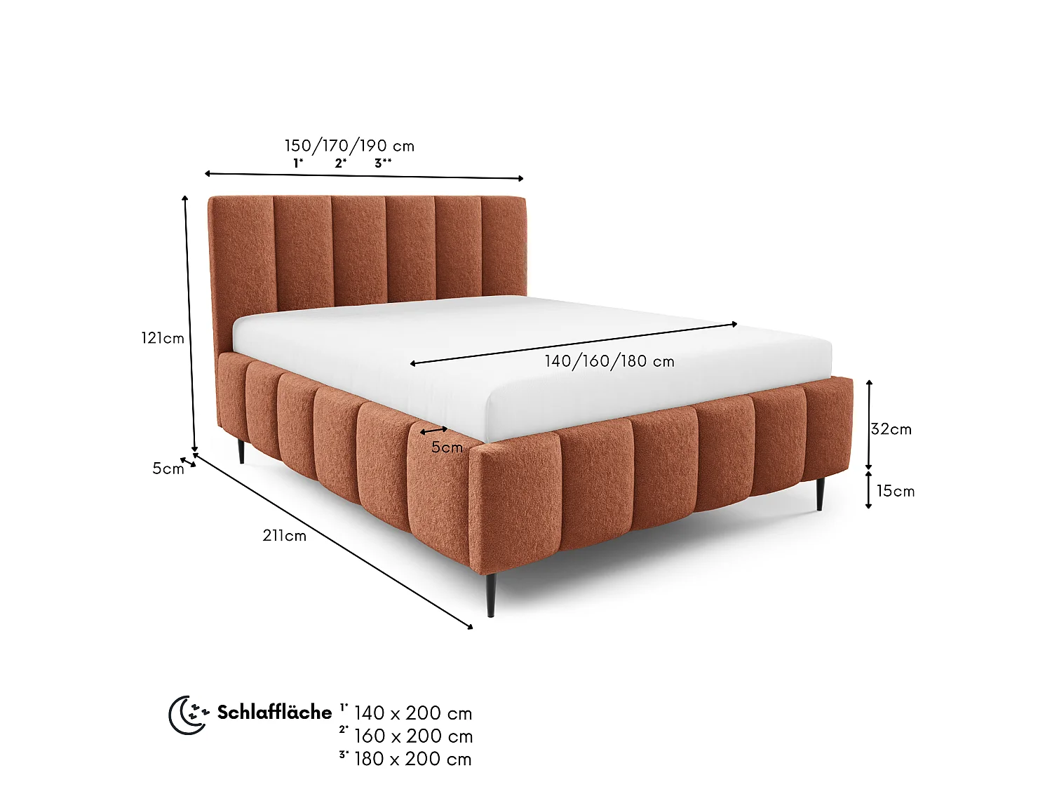 FURNISTAR Gestoffeerd bed LINO met poten en opbergruimte 140x200|Tweepersoonsbed|Lattenbodem|Boxspring-look|zonder matras|Slaapkamer-Vosrood