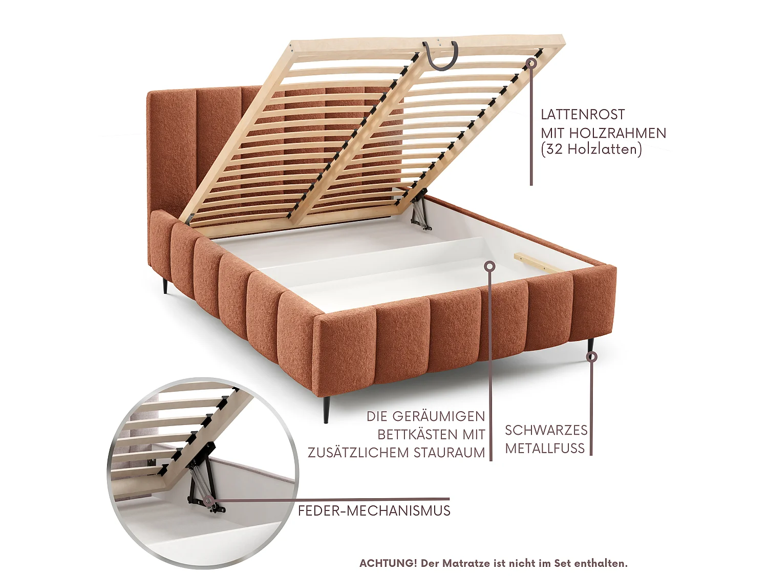 FURNISTAR Gestoffeerd bed LINO met poten en opbergruimte 140x200|Tweepersoonsbed|Lattenbodem|Boxspring-look|zonder matras|Slaapkamer-Vosrood