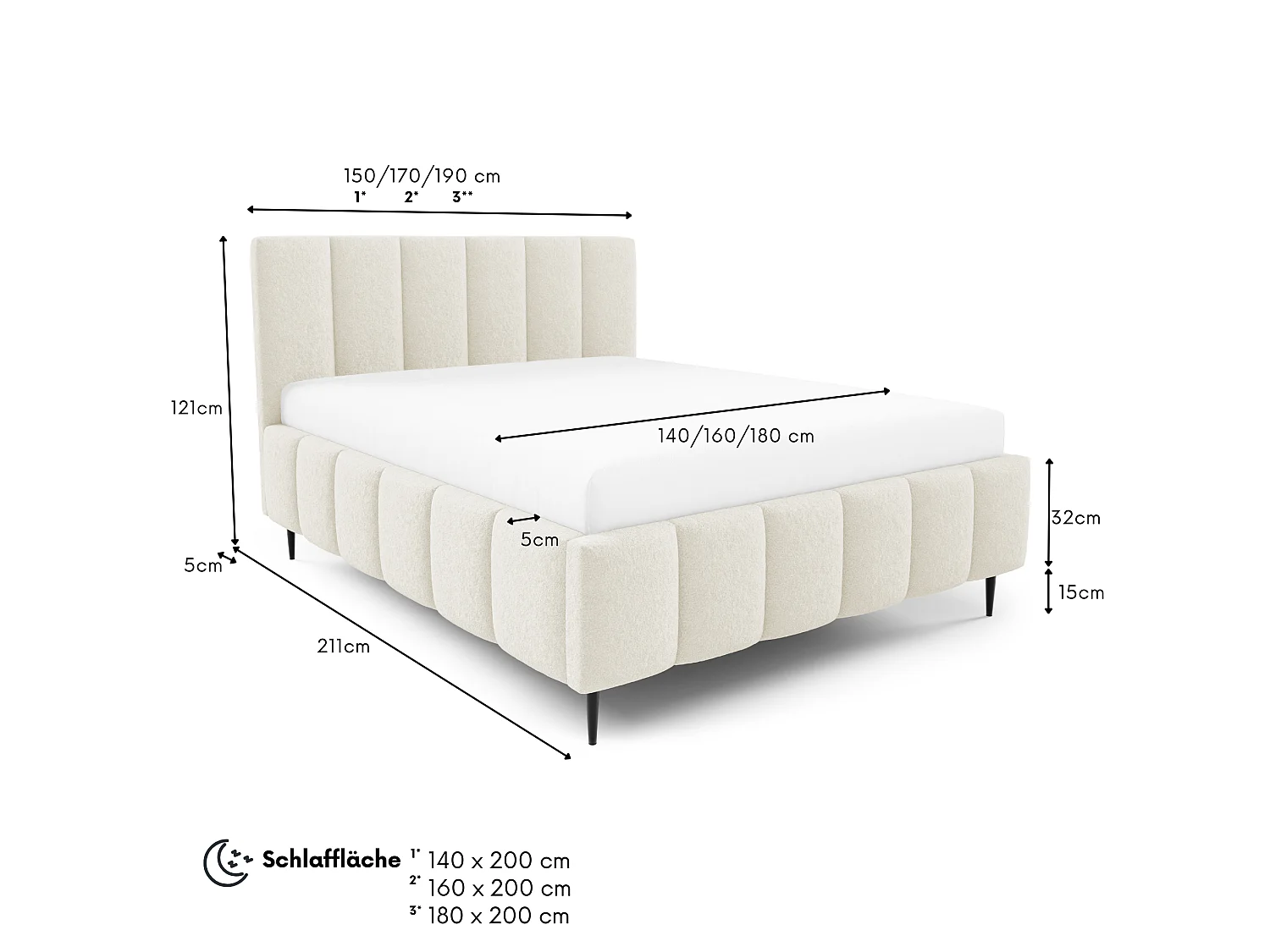 FURNISTAR Gestoffeerd bed LINO met poten en opbergruimte 140x200|Tweepersoonsbed|Lattenbodem|Boxspring-look|zonder matras|Slaapkamer-Crème