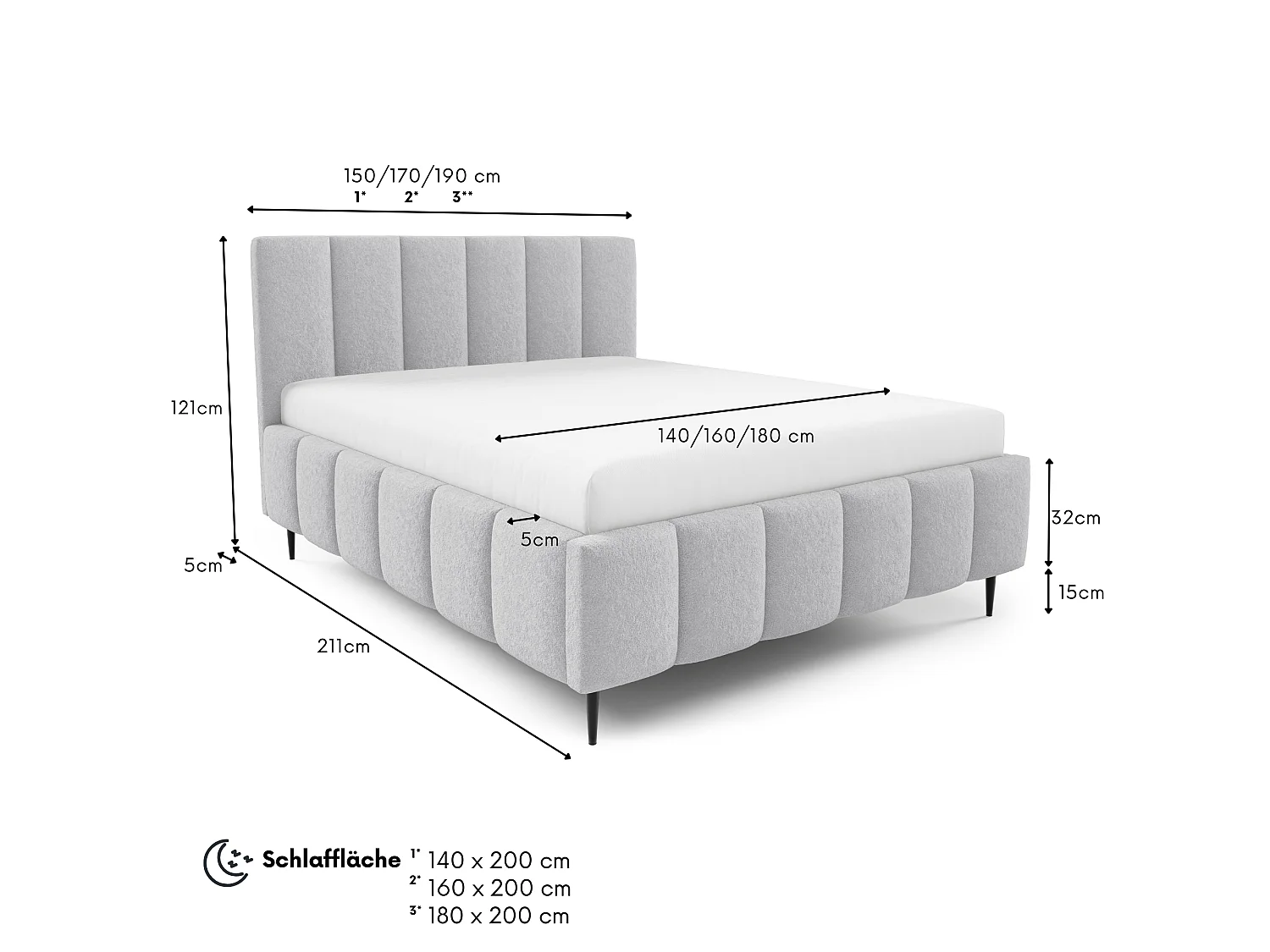 FURNISTAR Gestoffeerd bed LINO met poten en opbergruimte 140x200|Tweepersoonsbed|Lattenbodem|Boxspring-look|zonder matras|Slaapkamer-Grijs