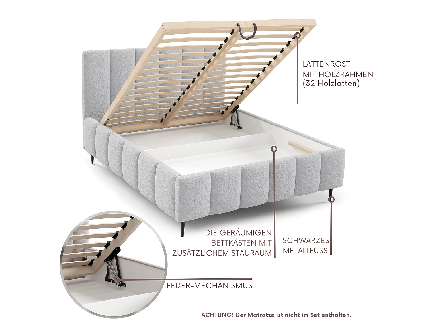 FURNISTAR Gestoffeerd bed LINO met poten en opbergruimte 140x200|Tweepersoonsbed|Lattenbodem|Boxspring-look|zonder matras|Slaapkamer-Grijs