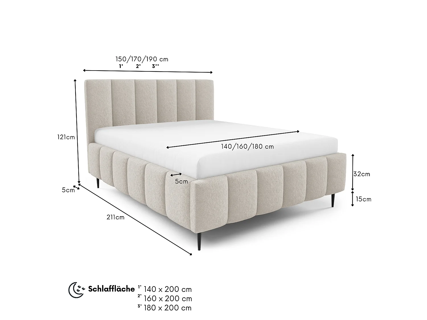 FURNISTAR Gestoffeerd bed LINO met poten en opbergruimte 140x200|Tweepersoonsbed|Lattenbodem|Boxspring-look|zonder matras|Slaapkamer-Beige