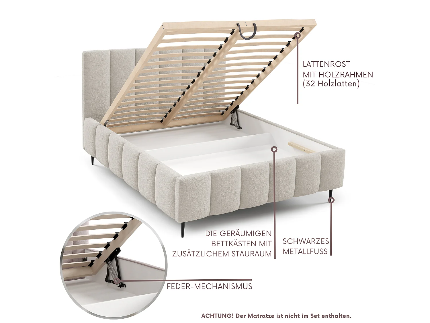 FURNISTAR Gestoffeerd bed LINO met poten en opbergruimte 140x200|Tweepersoonsbed|Lattenbodem|Boxspring-look|zonder matras|Slaapkamer-Beige