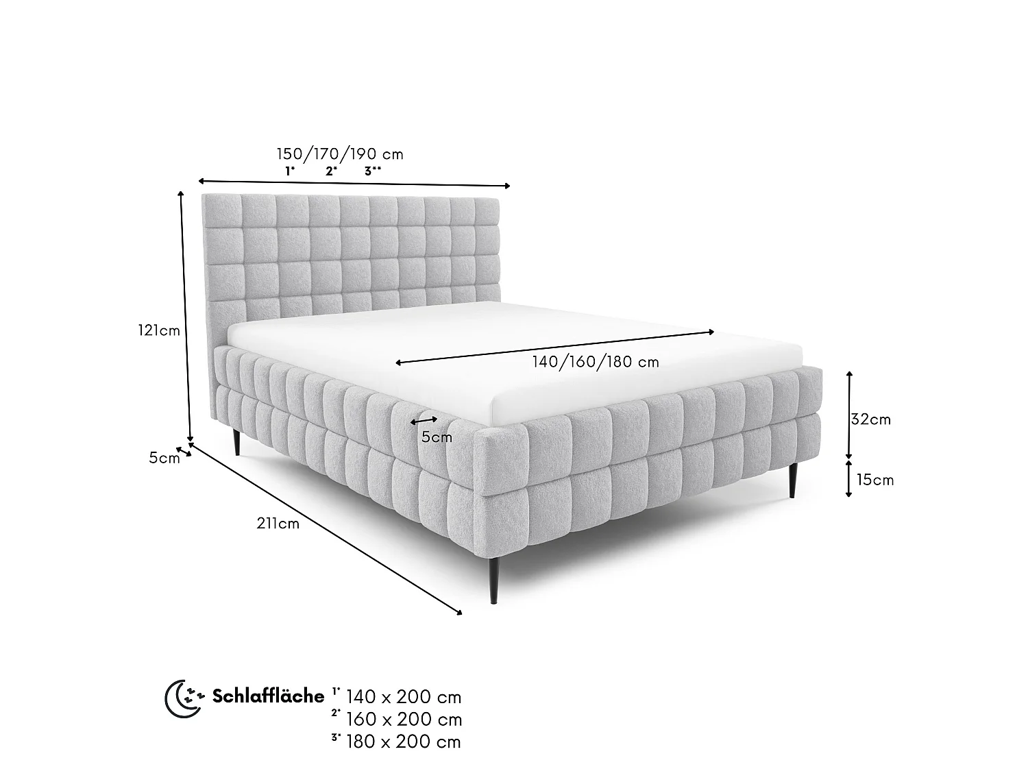 FURNISTAR Lit rembourré ARDELLO avec pieds et coffre de rangement|Lit 180x200|Lit double|Sommier à lattes|Style boxspring|sans matelas|chambre-Gris