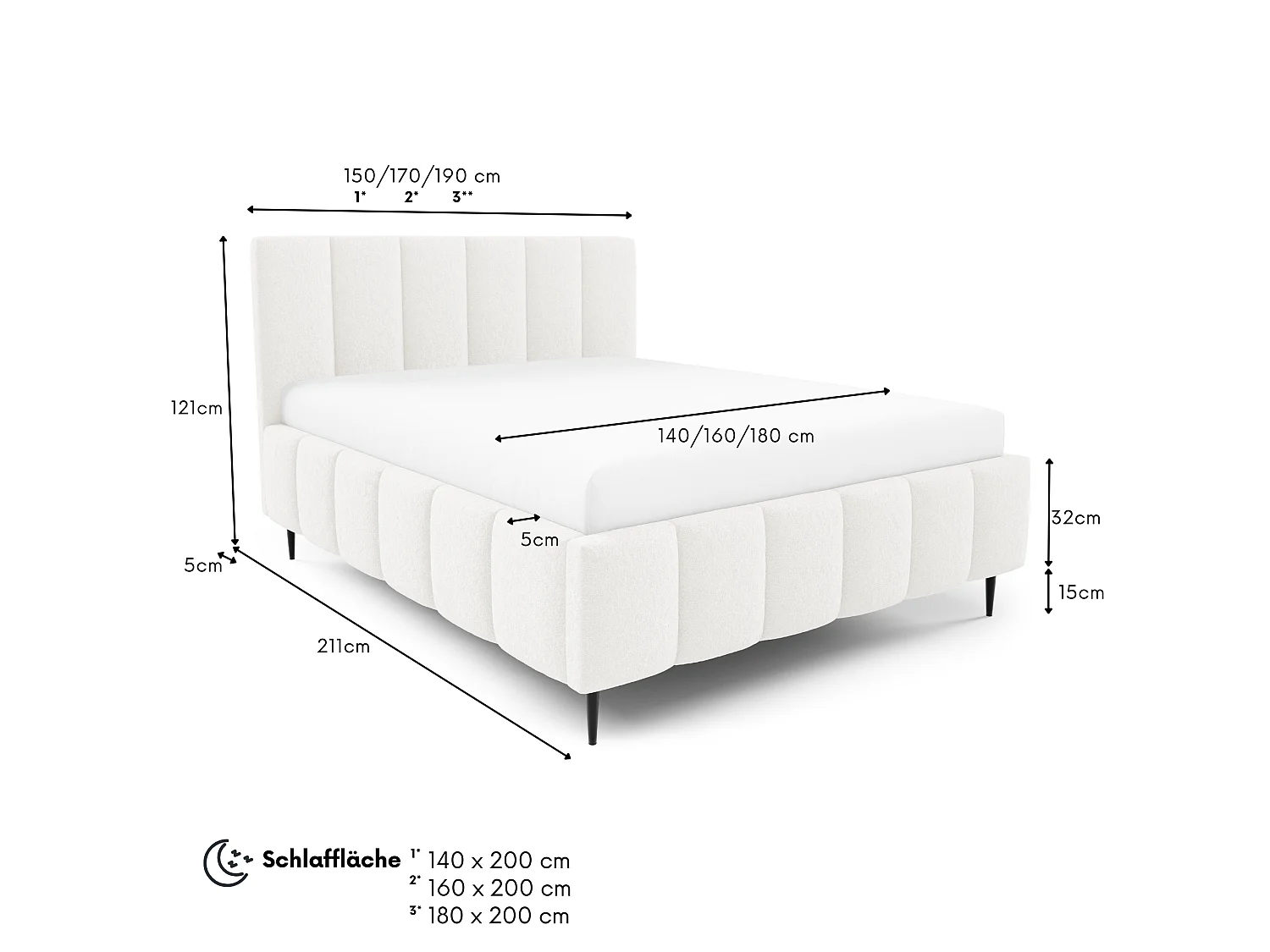 FURNISTAR Gestoffeerd bed LINO met poten en opbergruimte 140x200|Tweepersoonsbed|Lattenbodem|Boxspring-look|zonder matras|Slaapkamer-Wit