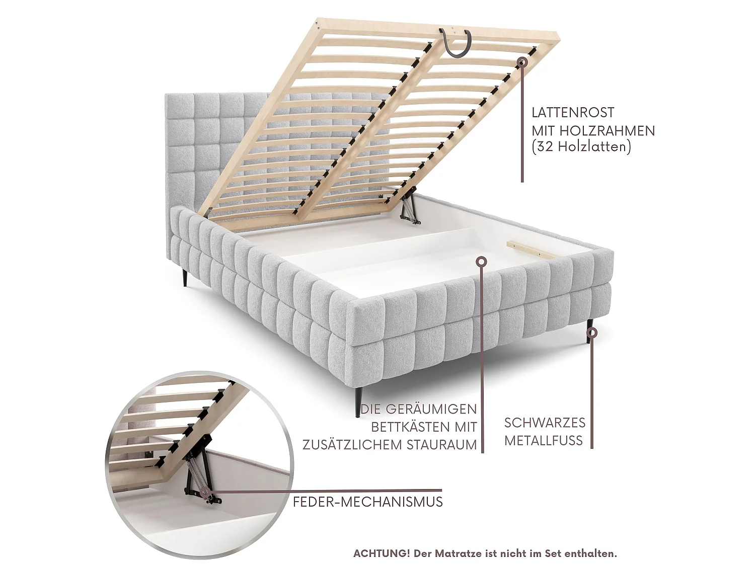 FURNISTAR Lit rembourré ARDELLO avec pieds et coffre de rangement|Lit 160x200|Lit double|Sommier à lattes|Style boxspring|sans matelas|chambre-Gris