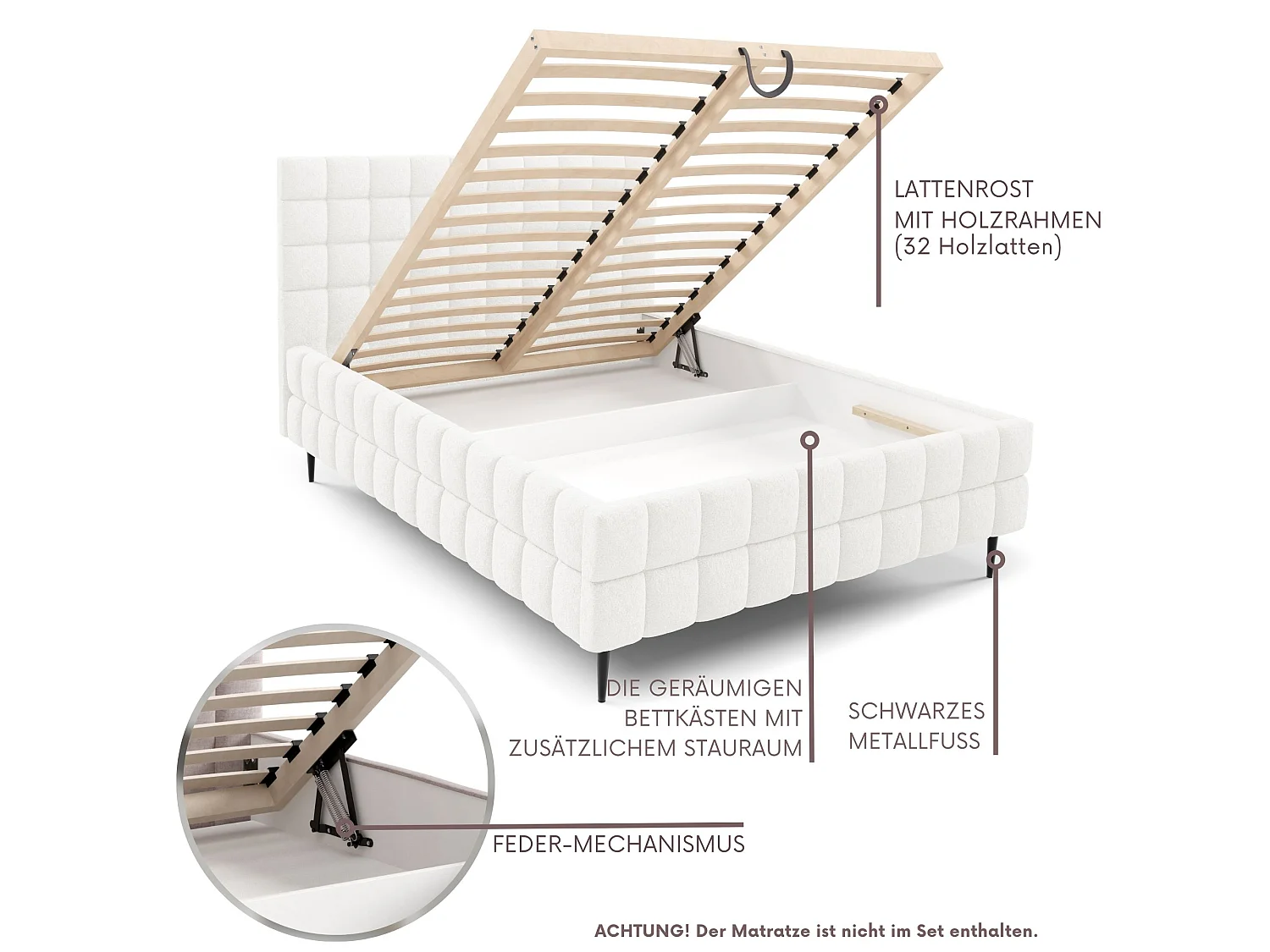 FURNISTAR Lit rembourré ARDELLO avec pieds et coffre de rangement|Lit 180x200|Lit double|Sommier à lattes|Style boxspring|sans matelas|chambre-Blanc