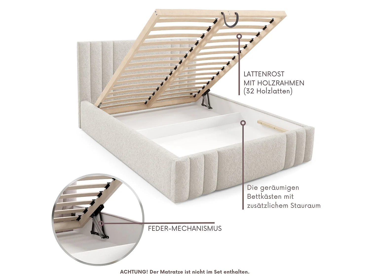 Lit rembourré RIVIO avec pieds et coffre de rangement 140x200,double,sommier à lattes,look boxspring,sans matelas,chambre- Beige