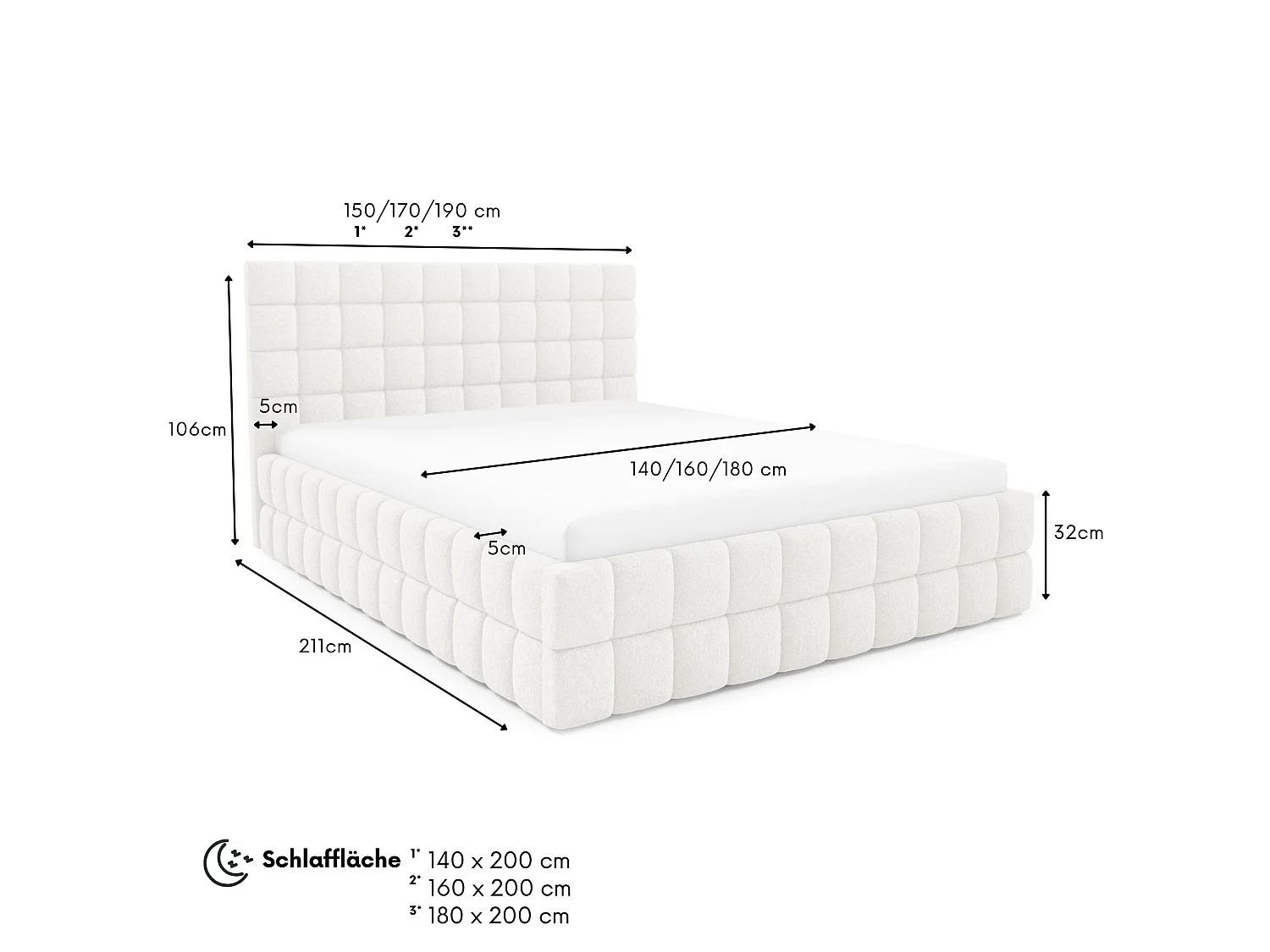 FURNISTAR Lit rembourré ARDELLO avec coffre de rangement|Lit 140x200|Lit double|Sommier à lattes|Style boxspring|sans matelas|chambre-Blanc