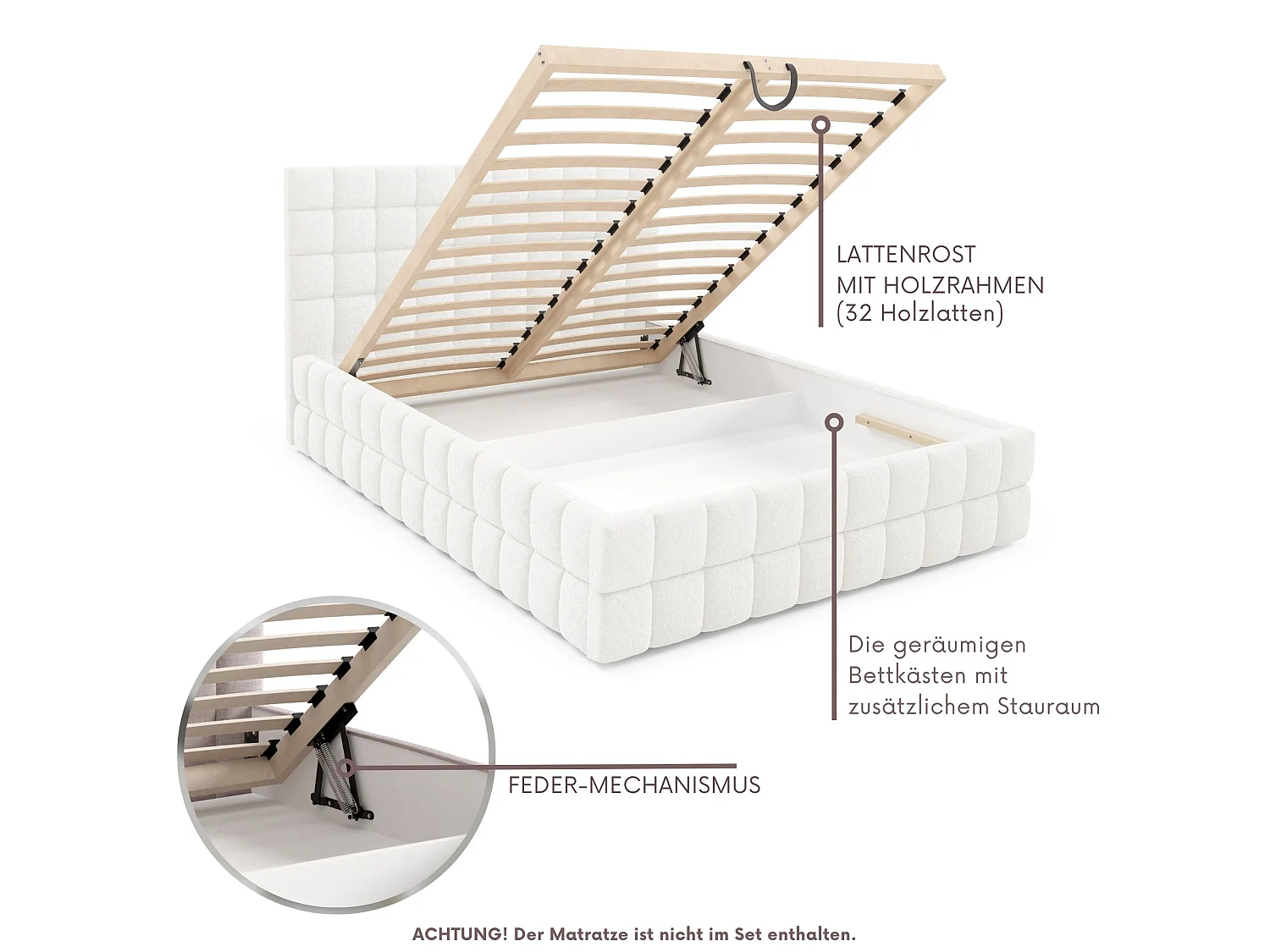 FURNISTAR Lit rembourré ARDELLO avec coffre de rangement|Lit 140x200|Lit double|Sommier à lattes|Style boxspring|sans matelas|chambre-Blanc