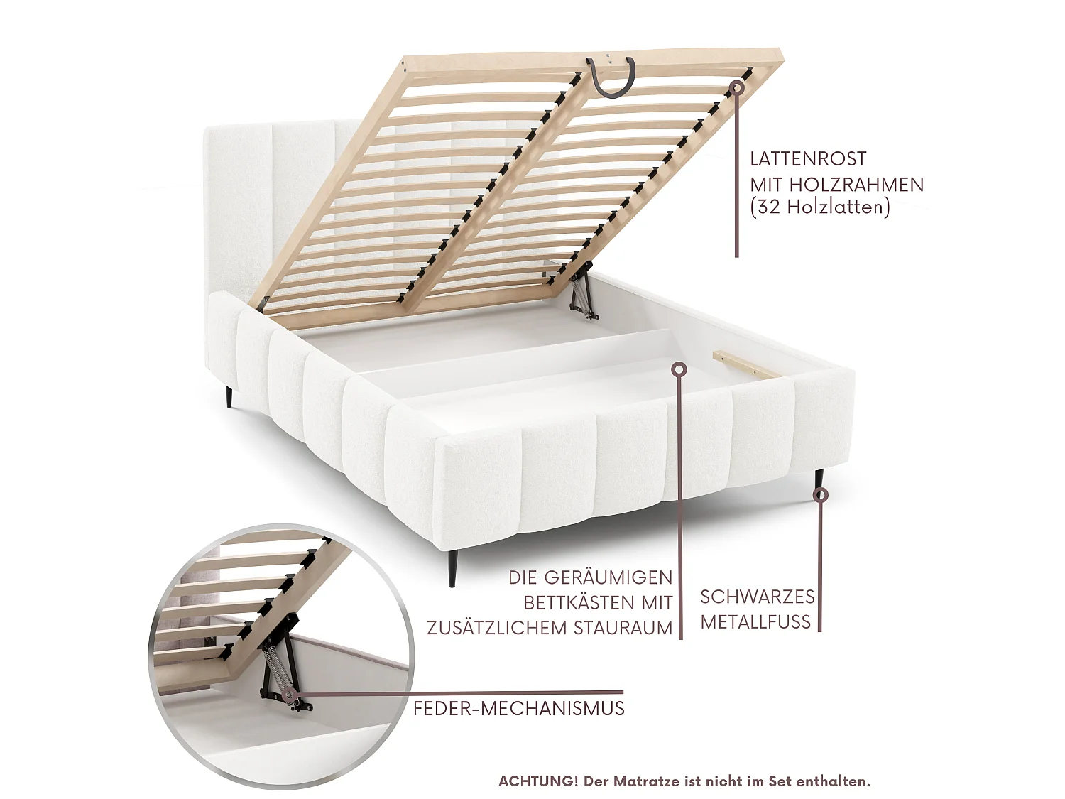 FURNISTAR Gestoffeerd bed LINO met poten en opbergruimte 160x200|Tweepersoonsbed|Lattenbodem|Boxspring-look|zonder matras|Slaapkamer-Wit