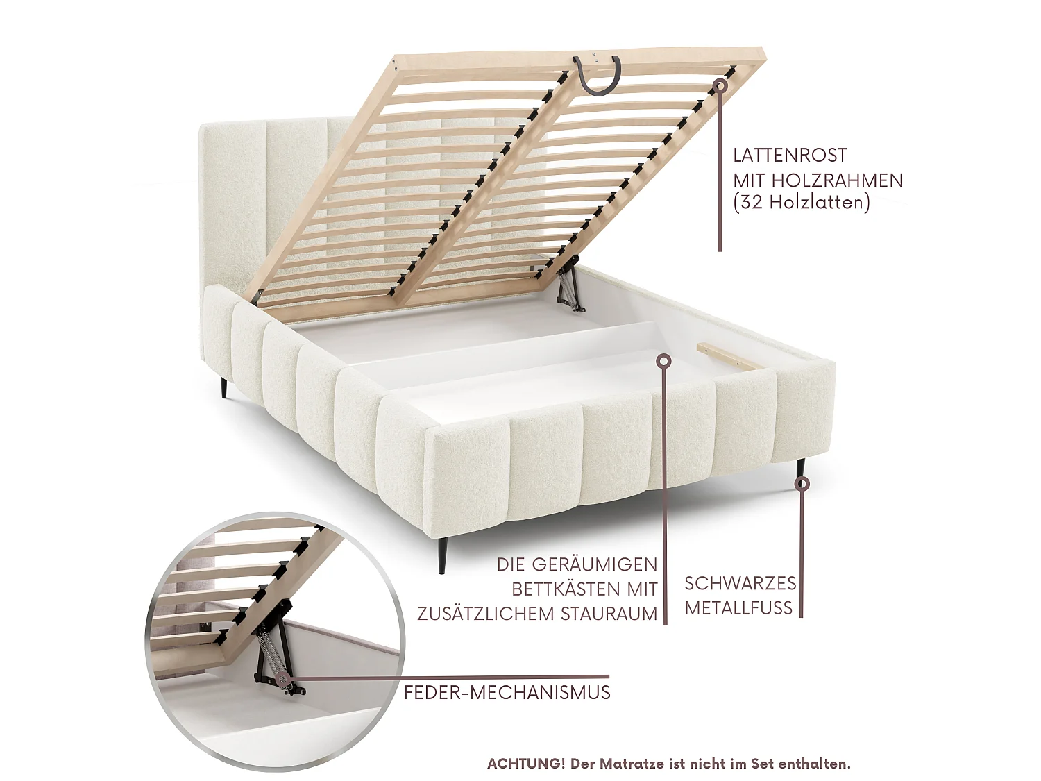 FURNISTAR Gestoffeerd bed LINO met poten en opbergruimte 180x200|Tweepersoonsbed|Lattenbodem|Boxspring-look|zonder matras|Slaapkamer-Crème