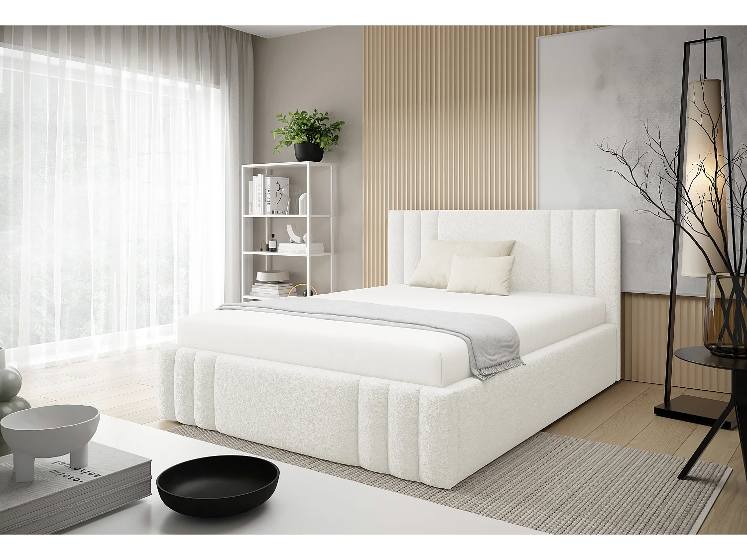 Gestoffeerd bed RIVIO met poten en opbergruimte 140x200,tweepersoonsbed,lattenbodem,boxspringlook,zonder matras,slaapkamer-Wit