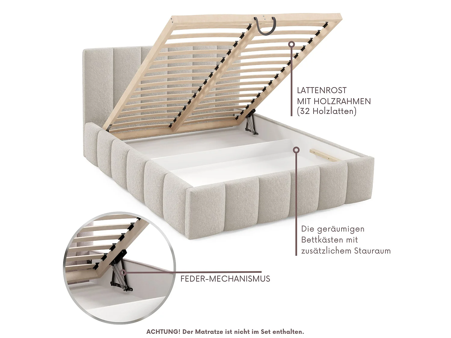 FURNISTAR Gestoffeerd bed LINO met opbergruimte 180x200|Tweepersoonsbed|Lattenbodem|Boxspring-look|zonder matras|Slaapkamer-Beige