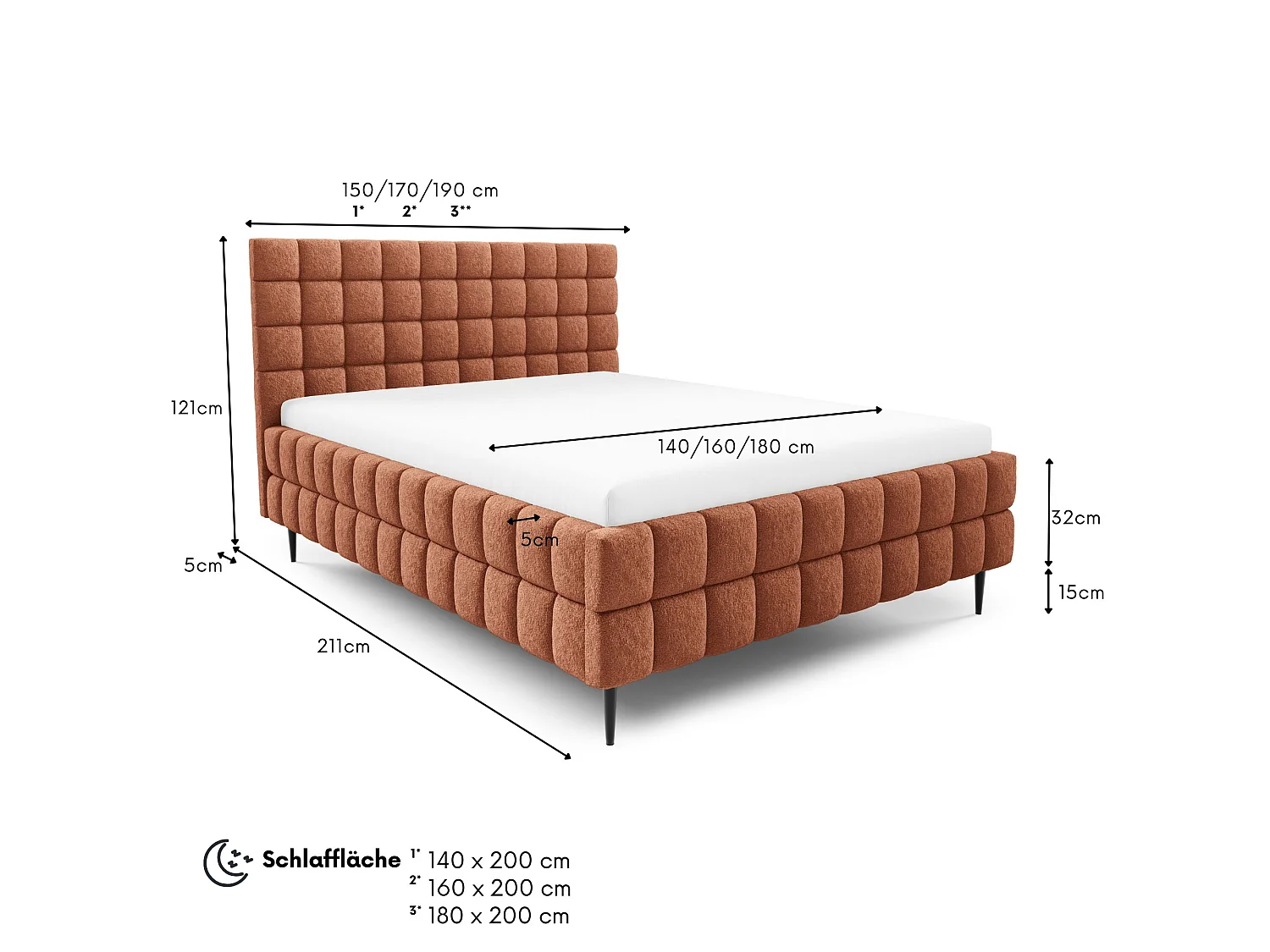 FURNISTAR Lit rembourré ARDELLO avec pieds et coffre de rangement|Lit 180x200|Lit double|Sommier à lattes|Style boxspring|sans matelas|chambre-Roux