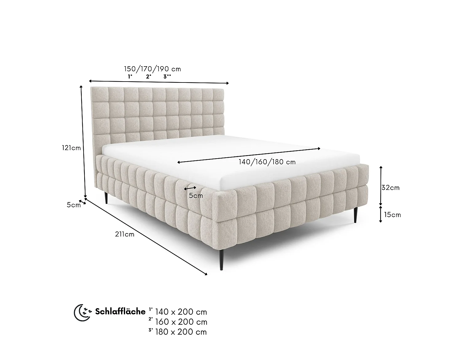 FURNISTAR Lit rembourré ARDELLO avec pieds et coffre de rangement|Lit 140x200|Lit double|Sommier à lattes|Style boxspring|sans matelas|chambre-Beige