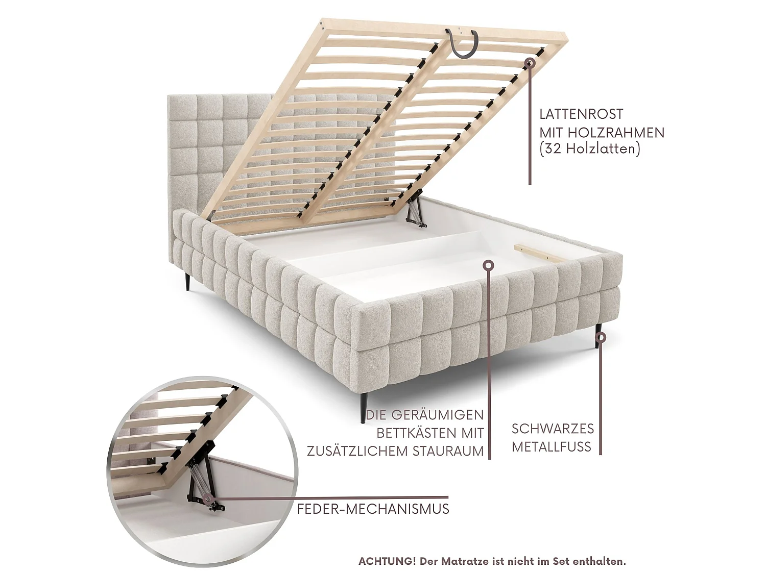 FURNISTAR Lit rembourré ARDELLO avec pieds et coffre de rangement|Lit 140x200|Lit double|Sommier à lattes|Style boxspring|sans matelas|chambre-Beige