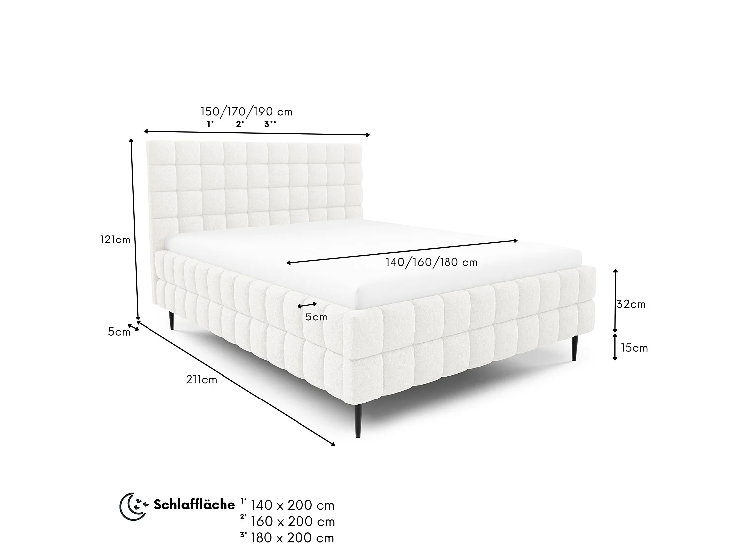 FURNISTAR Lit rembourré ARDELLO avec pieds et coffre de rangement|Lit 160x200|Lit double|Sommier à lattes|Style boxspring|sans matelas|chambre-Blanc