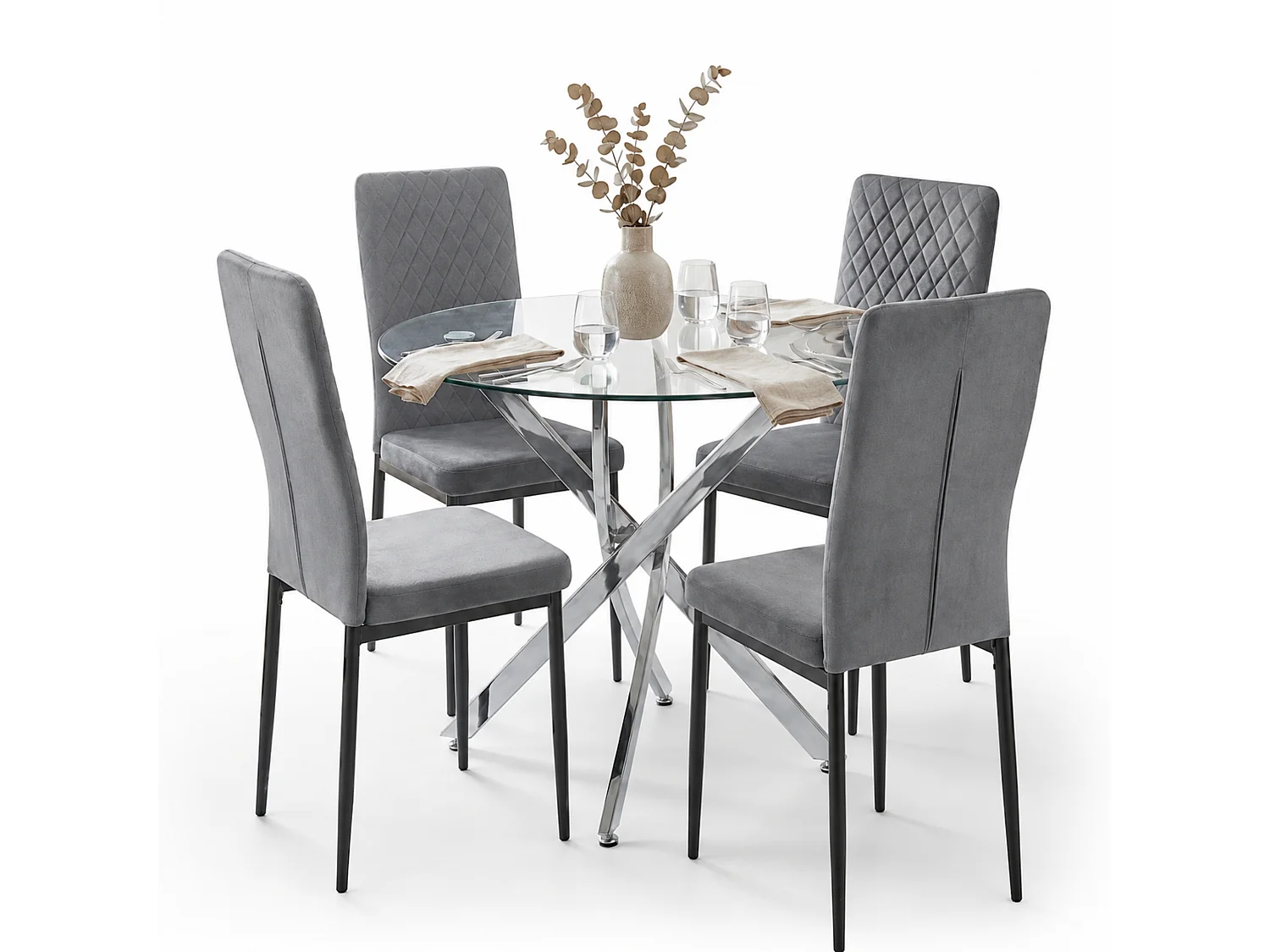 Modern Round Glass Dining Table Set With 4 Grey Velvet Chairs 4 Seater Dining Table Set