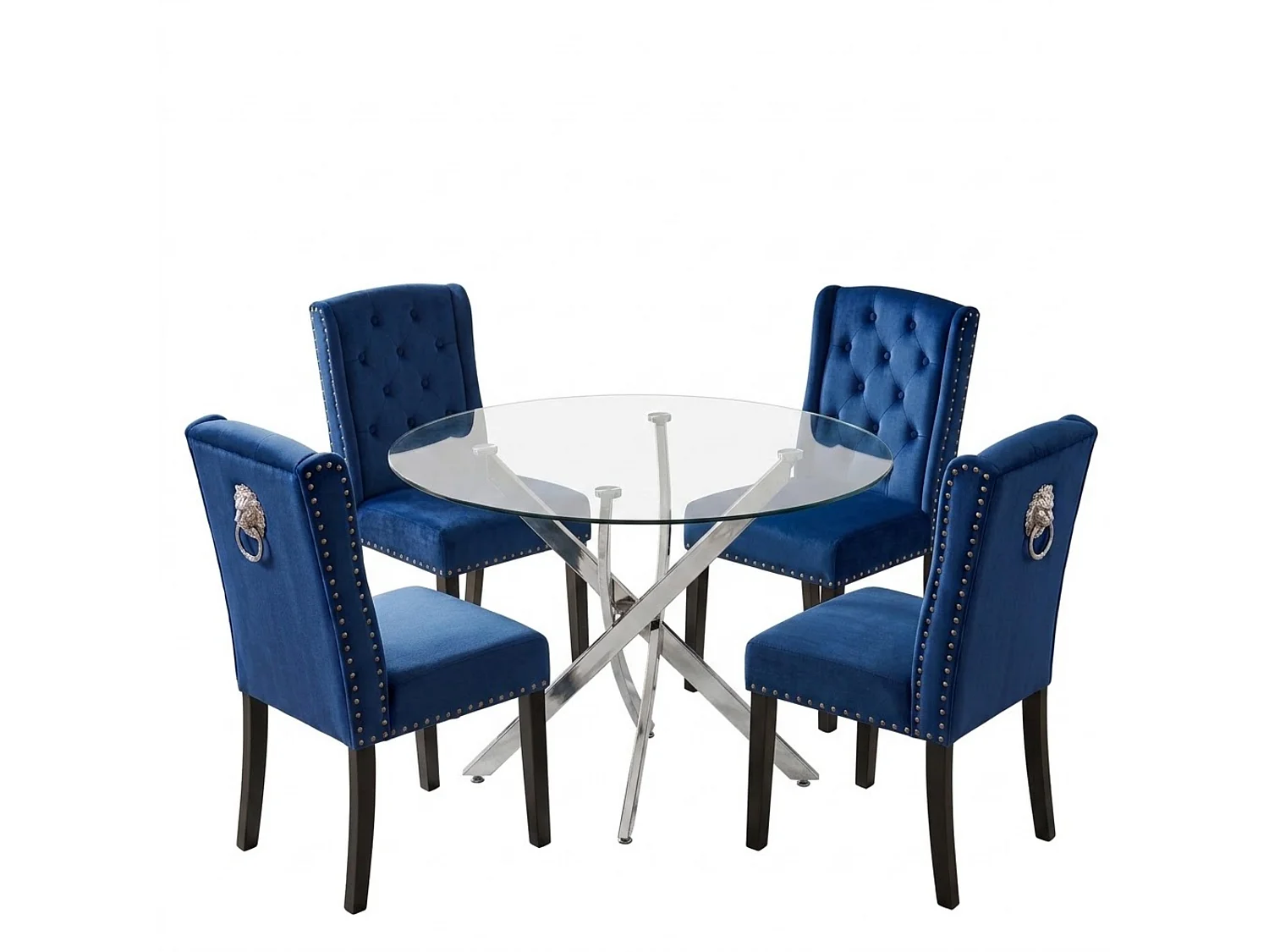 Modern Round Glass Dining Table Set With 4 Blue Velvet Chairs 4 Seater Dining Table Set