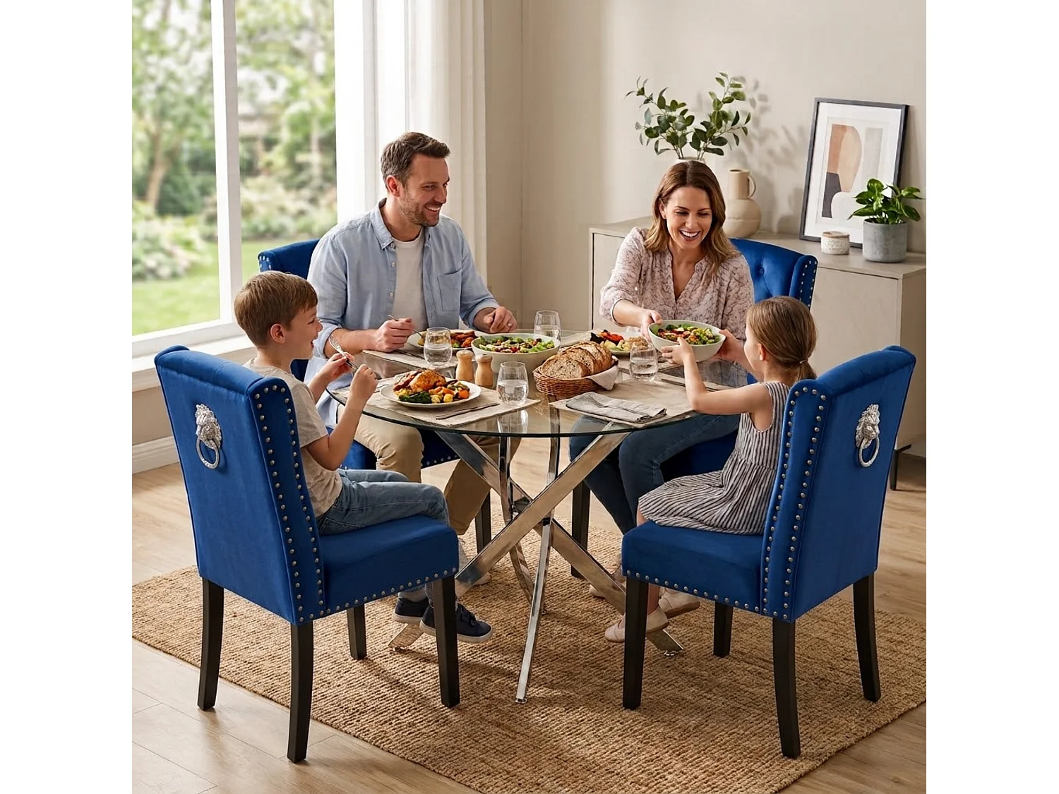 Modern Round Glass Dining Table Set With 4 Blue Velvet Chairs 4 Seater Dining Table Set