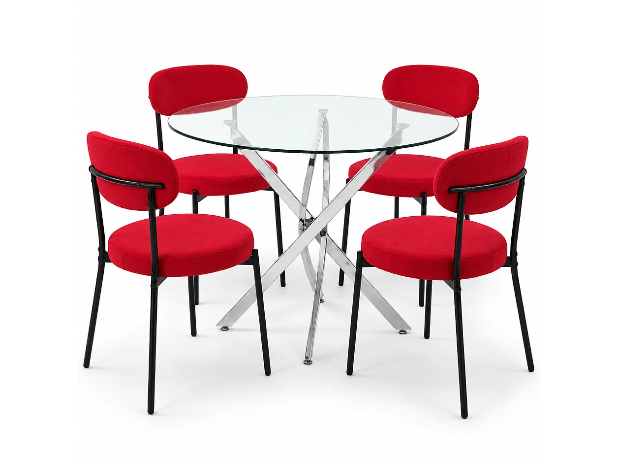 Oira Homes Modern 4 Seater Dining Table Set With Round Glass Dining Table And 4 Red Velvet Chairs
