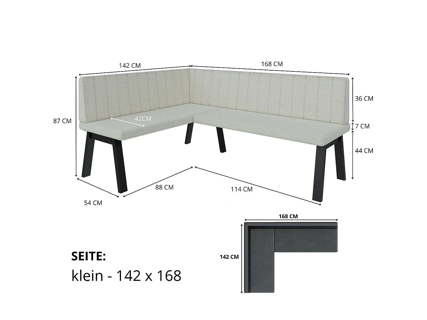 Banquette d’angle Akiko Metal A -142x168-Gauche-Inari100- Tissu|Ensemble banquette d’angle|Cuisine|moderne|Coin salon|Coin repas