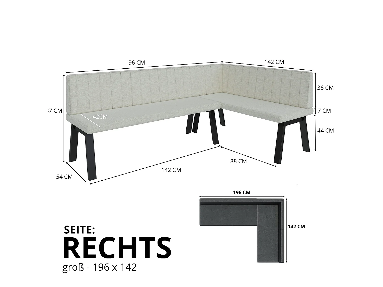 Banquette d’angle Akiko Metal A -196x142-Droite-Inari28- Tissu|Ensemble banquette d’angle|Cuisine|moderne|Coin salon|Coin repas