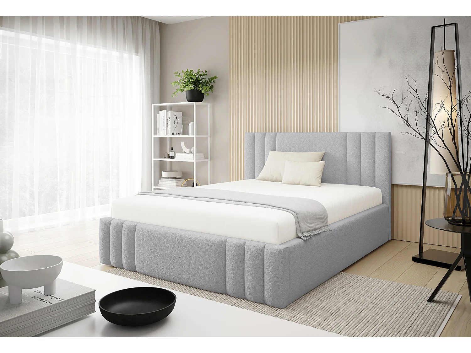 Gestoffeerd bed RIVIO met poten en opbergruimte 140x200,tweepersoonsbed,lattenbodem,boxspringlook,zonder matras,slaapkamer-Grijs