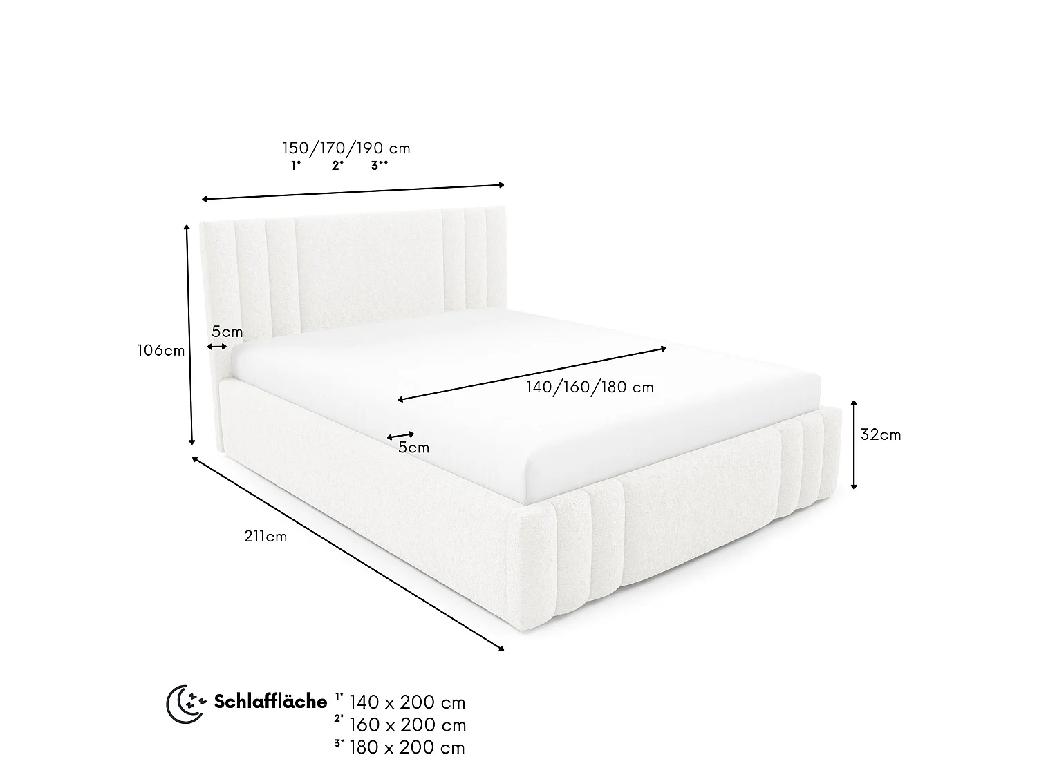 Gestoffeerd bed RIVIO met poten en opbergruimte 180x200,tweepersoonsbed,lattenbodem,boxspringlook,zonder matras,slaapkamer-Wit