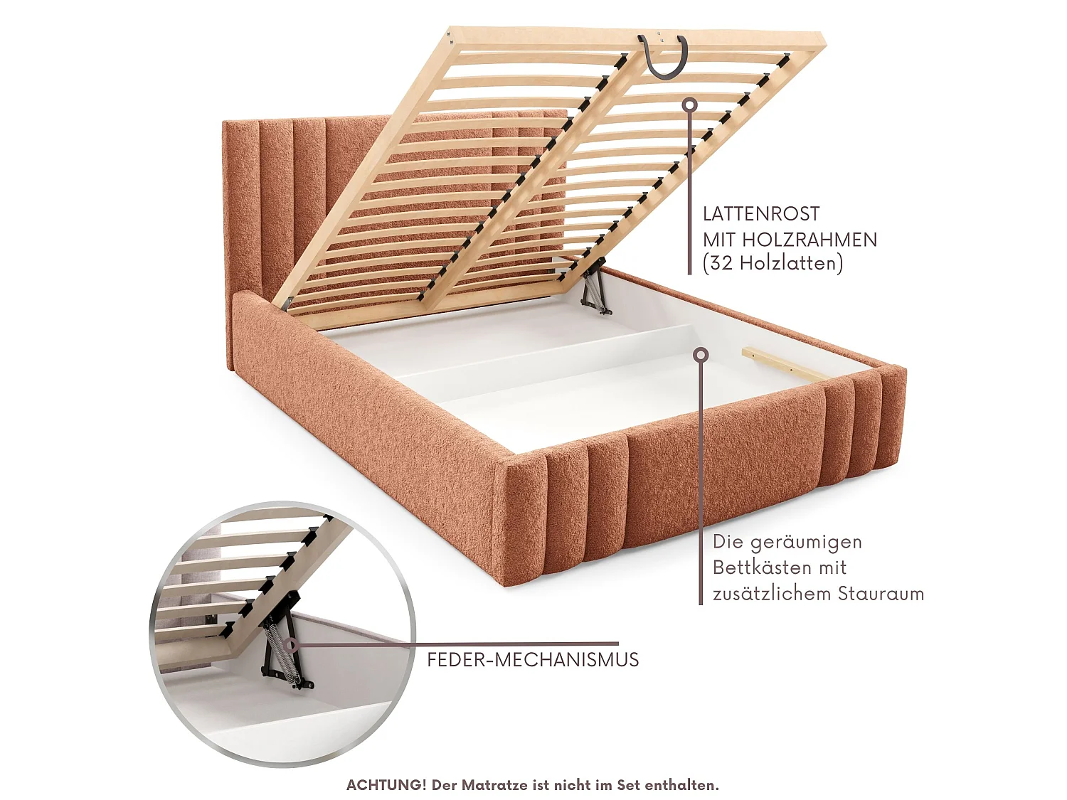 Gestoffeerd bed RIVIO met poten en opbergruimte 160x200,tweepersoonsbed,lattenbodem,boxspringlook,zonder matras,slaapkamer-Oranje