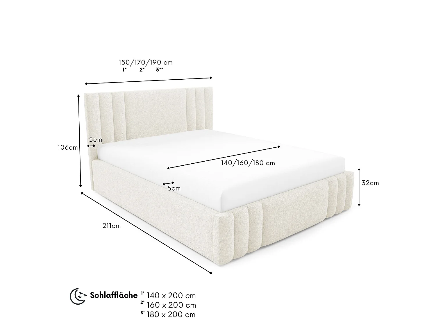 Gestoffeerd bed RIVIO met opbergruimte 140x200,tweepersoonsbed,lattenbodem,boxspringlook,zonder matras,slaapkamer-Crème