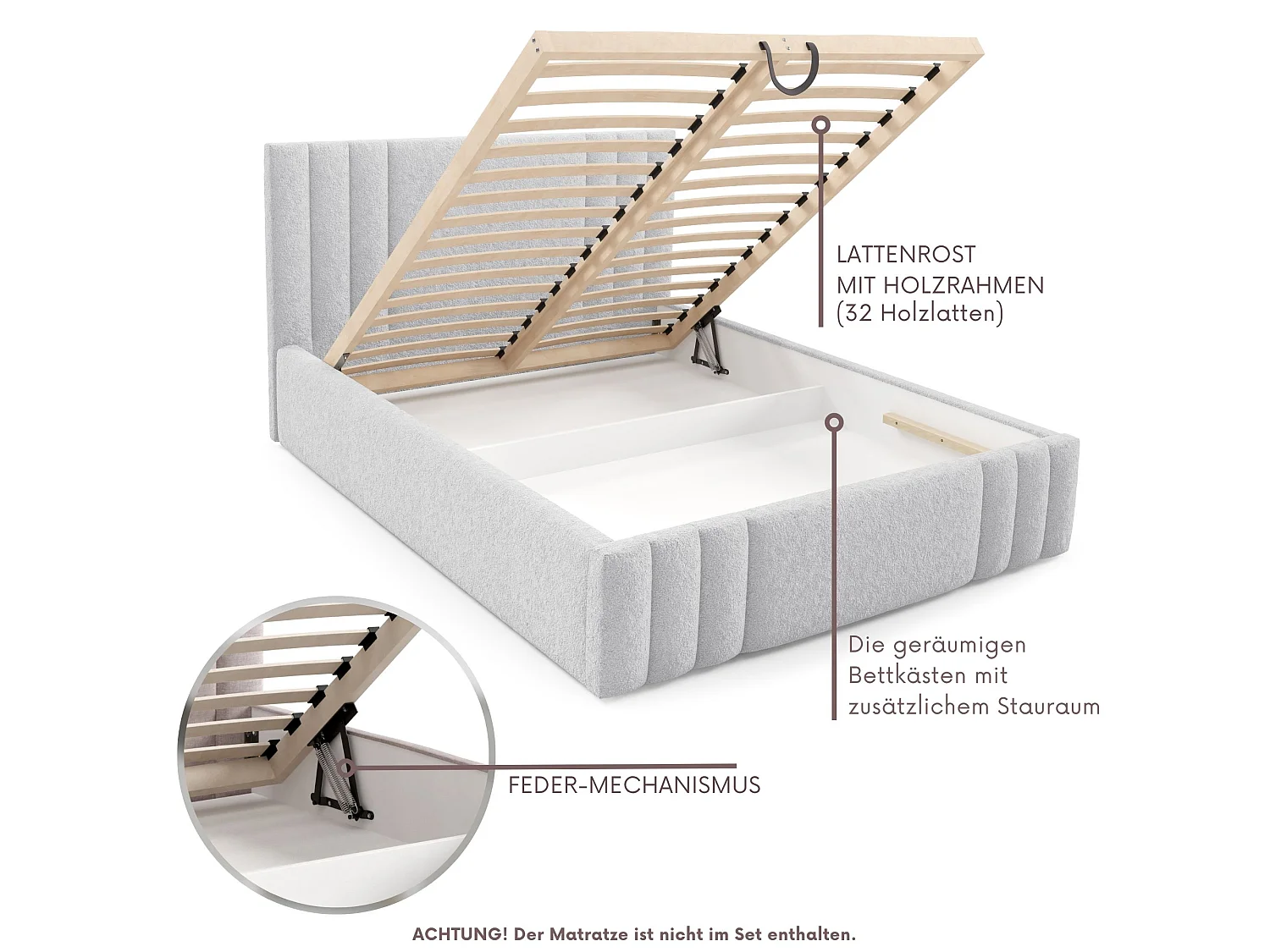 Gestoffeerd bed RIVIO met poten en opbergruimte 160x200,tweepersoonsbed,lattenbodem,boxspringlook,zonder matras,slaapkamer-Grijs