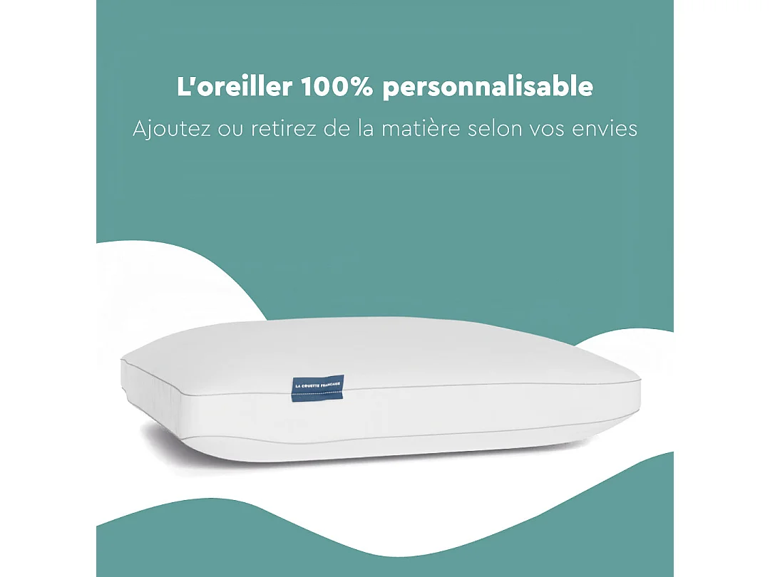 Oreiller Modulable 65x65 Ajustable Sur Mesure - Housse Percale Coton & Technologie Fraîcheur - Anti-Tassement - Fabriqué France
