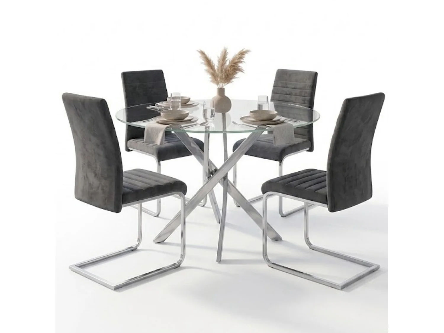 Modern Dining Table Set For 4 Dining Table With 4 Grey Velvet Chairs For Dining Room Furniture
