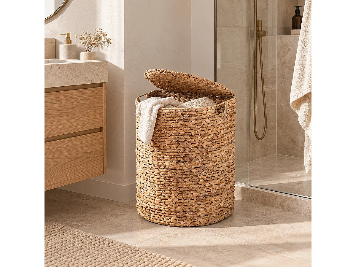 Half-moon water hyacinth laundry basket with lid, 45 cm long - NILA