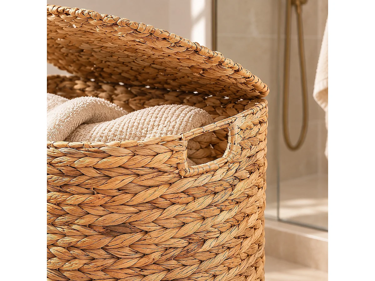 Half-moon water hyacinth laundry basket with lid, 45 cm long - NILA