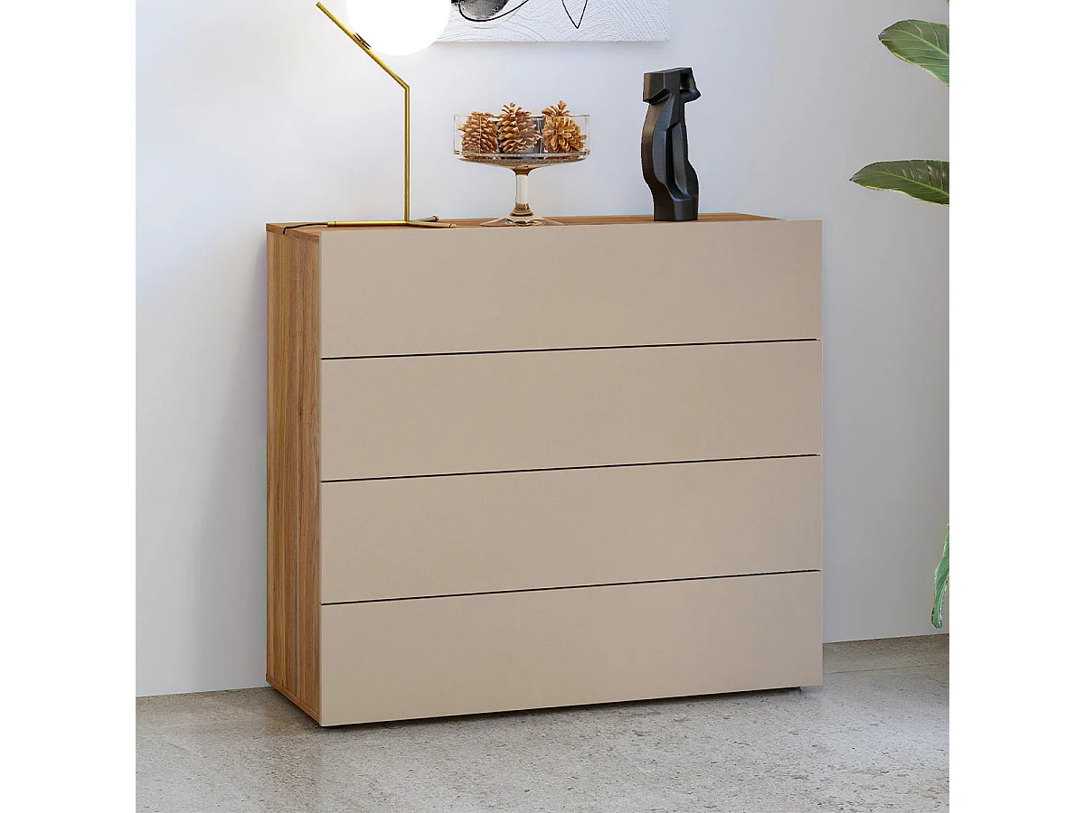 Kommode mit 4 Schubladen „Iséa“ in Taupe und Holz